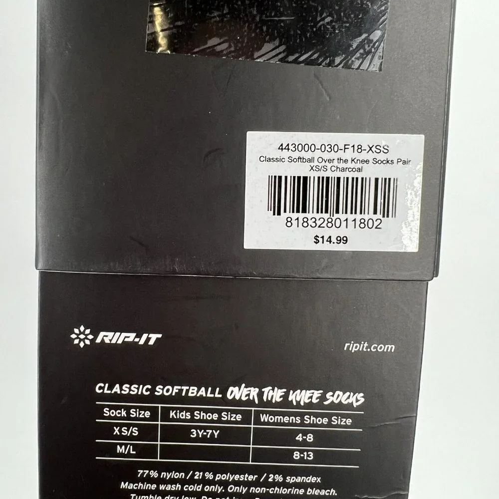 Rip-It Fastpitch Softball Socks in Charcoal Gray XS/S Women's 4-8 Over the Knee